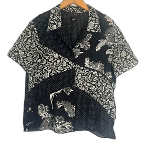 Virgo Mixed Print Colorblock Collared Short Sleeve Semi Sheer Blouse Sz 14